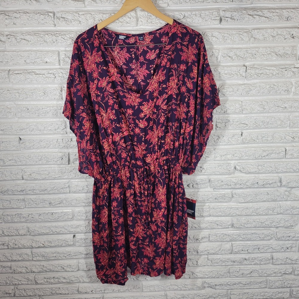 Lands End Swim Cover Up Dress XL XXL Floral Modal Batwing Kaftan Multicolor